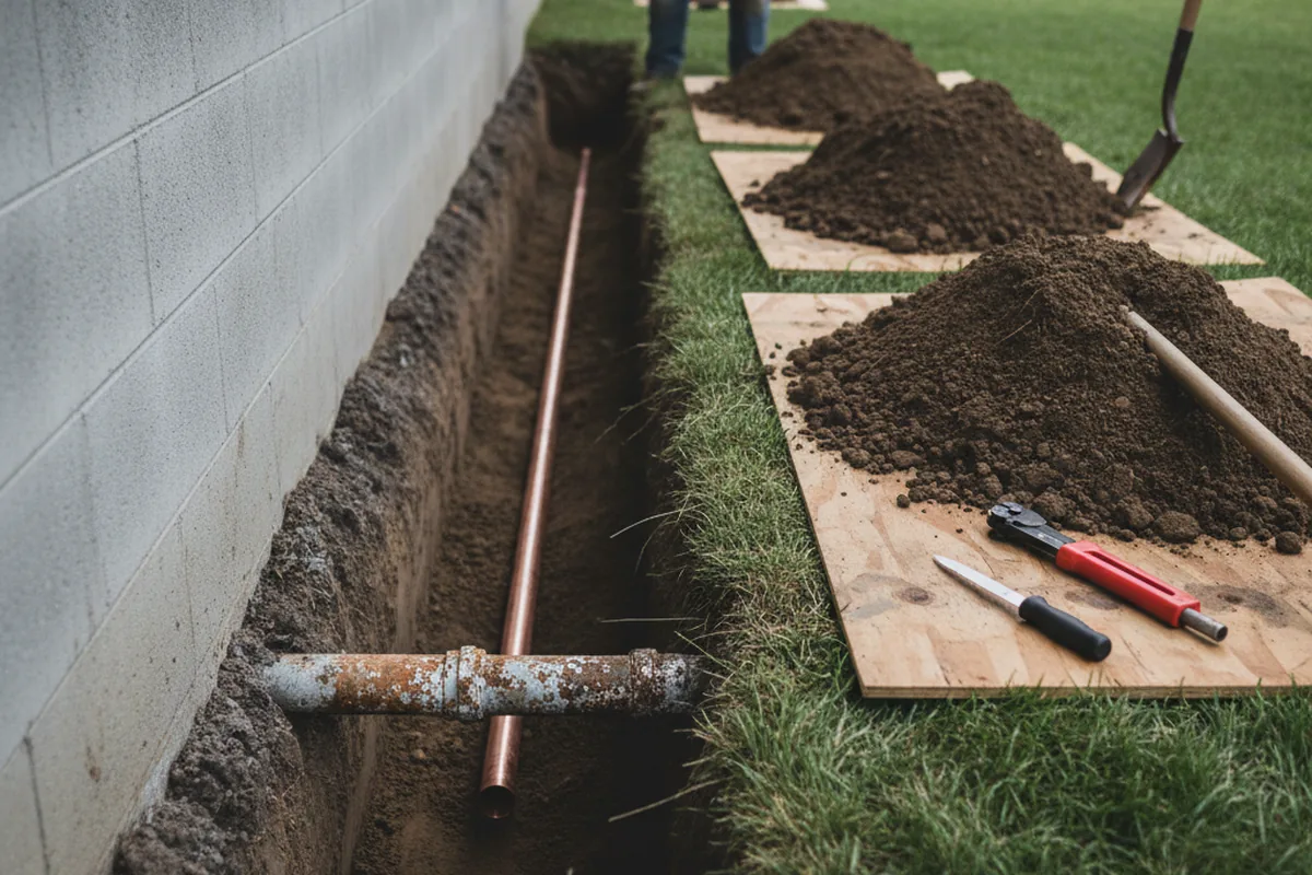 Excavated water line trench during Water Softener Installation in Napanoch